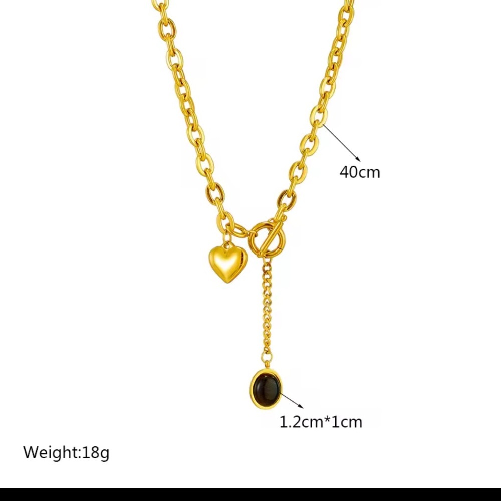 Gold Heart Necklace with Black Stone Drop - Picture 4 of 5